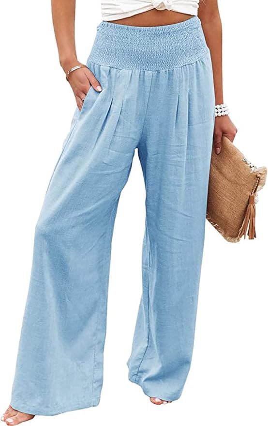Vansha Women Summer High Waisted Cotton Linen Palazzo Pants Wide Leg Long Lounge Pant Trousers wi... | Amazon (US)