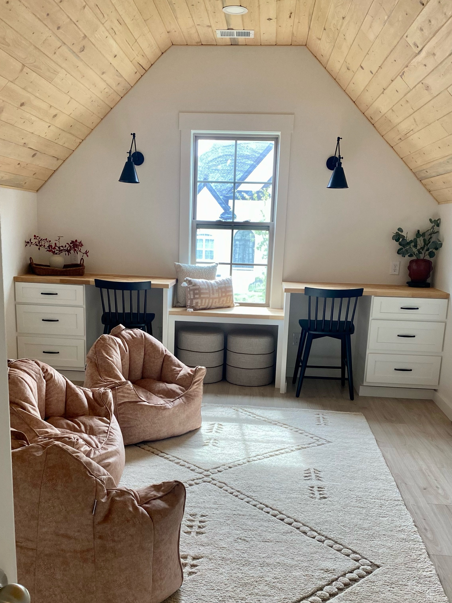 Attic, school, homework space, homework, homeschool, playroom, built in desks, windows, living room, beanbags, bonus room, sconces, wood ceiling, pine ceiling 

#LTKhome #LTKstyletip #LTKfamily