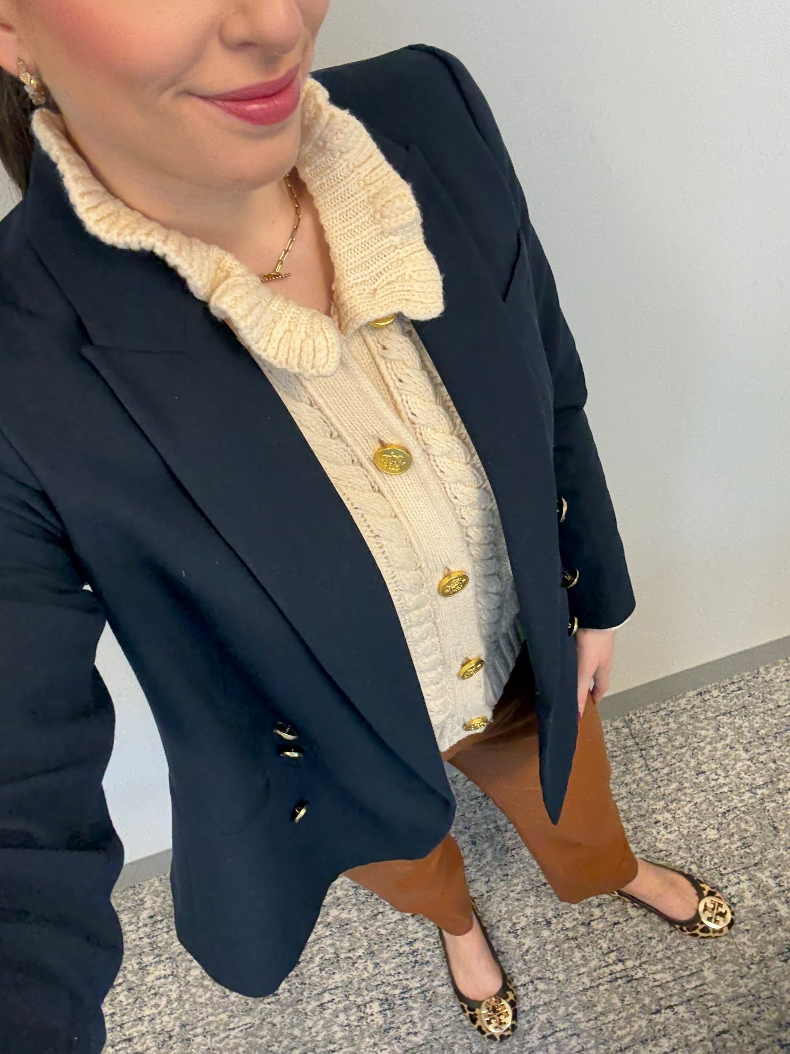 Office style, office outfits, business casual, workwear, winter workwear, winter office style, lawyer, attorney, law firm style, brown leather pants, corporate style, corporate fashion, cable knit sweater, double breasted blazer, leopard flats, cheetah flats, corporate winter style

#LTKNYFW #LTKootd #LTKWorkwear