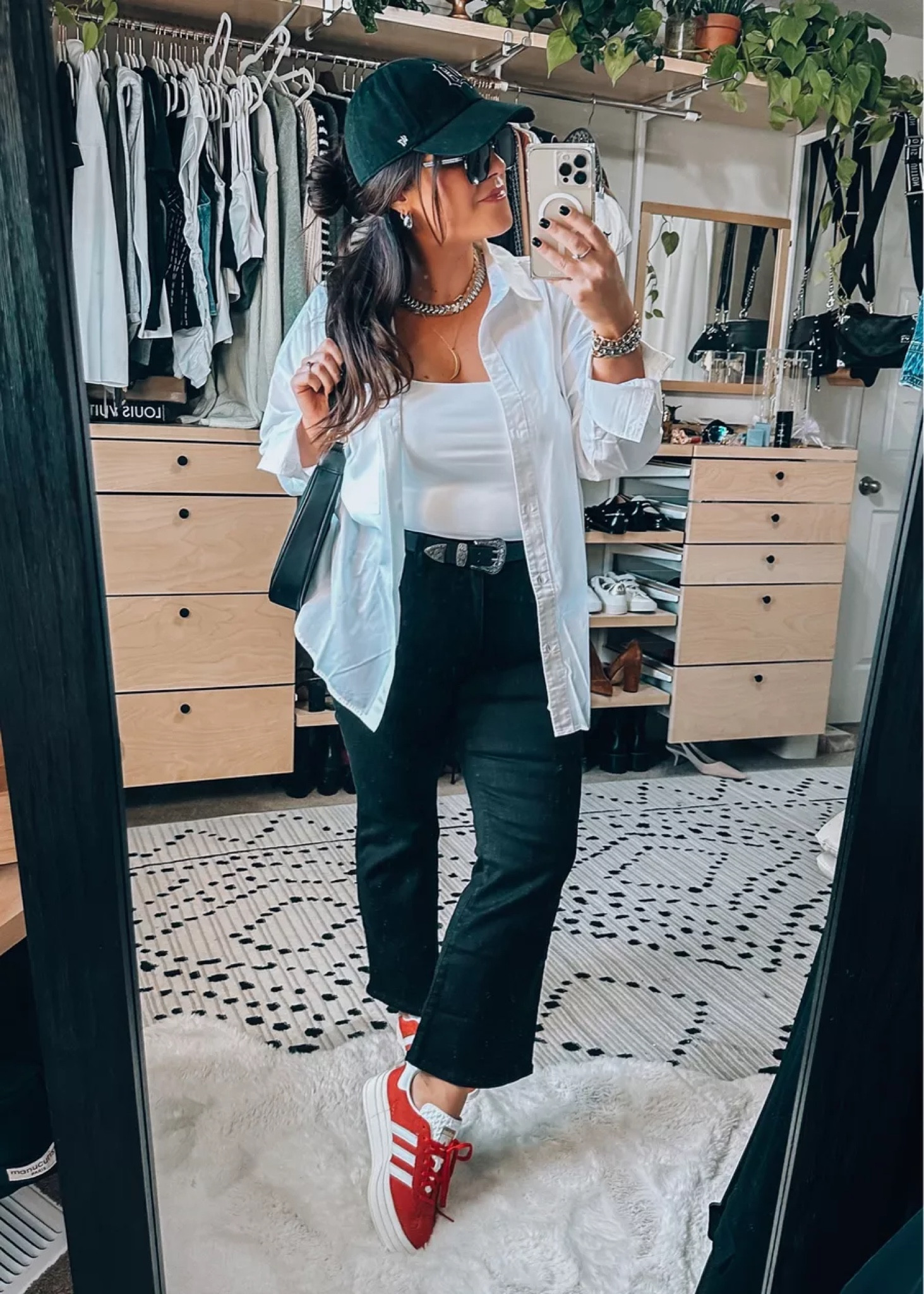 Midsize Fall transition outfit Pop of red trend White boyfriend blouse size large Double lined tank large Cropped kick flare jeans (have stretch) size 32) Red adidas sneakers tts Accessories linked

#LTKmidsize #LTKSeasonal #LTKplussize