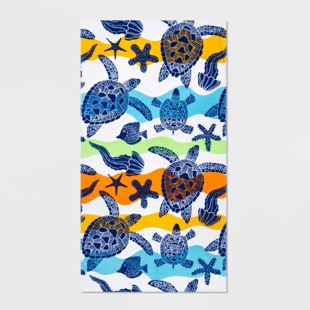 Sea Turtle Printed Striped Beach Towel - Sun Squad™ | Target