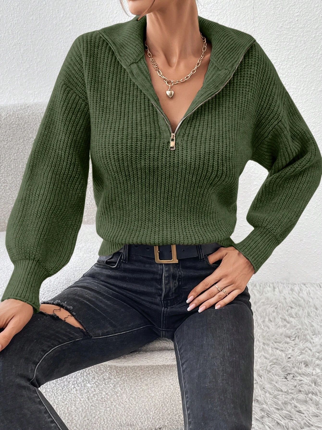 SHEIN Frenchy Half Zip Ribbed Knit Drop Shoulder Sweater | SHEIN