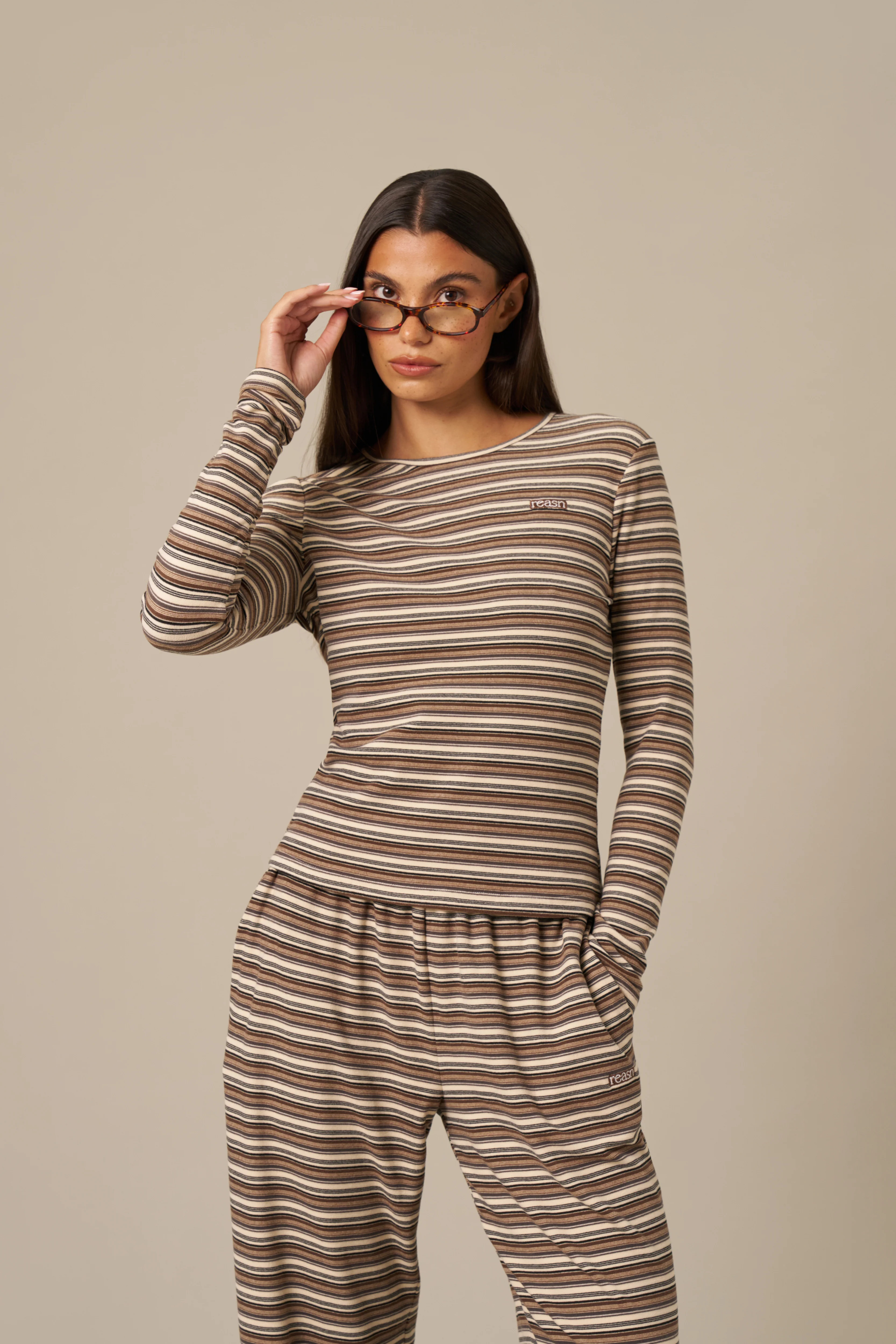 Fleece Stripe Long Sleeve T Shirt - Latte | Reasn