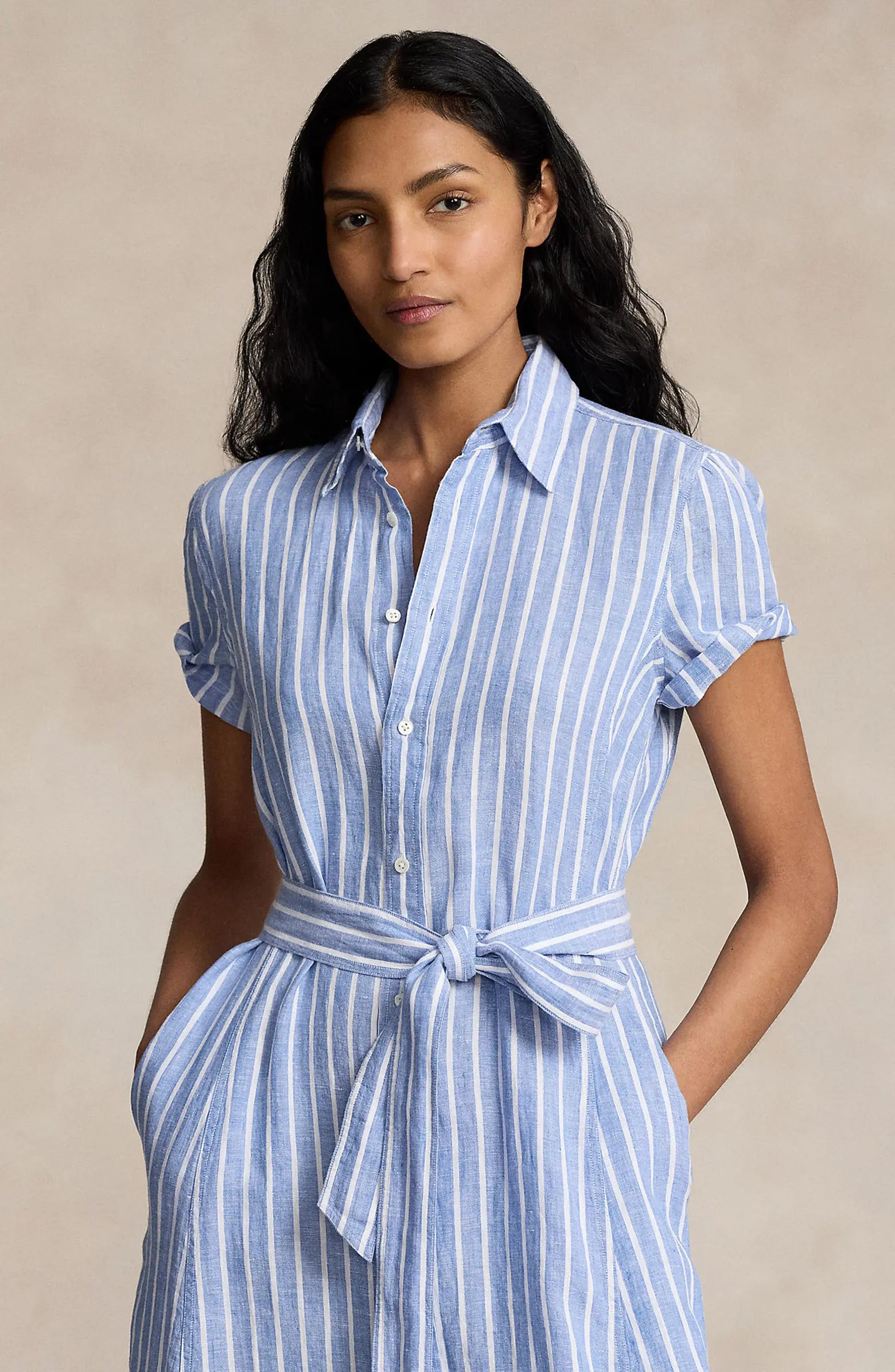 Ashton Stripe Tie Waist Linen Midi Shirtdress | Nordstrom