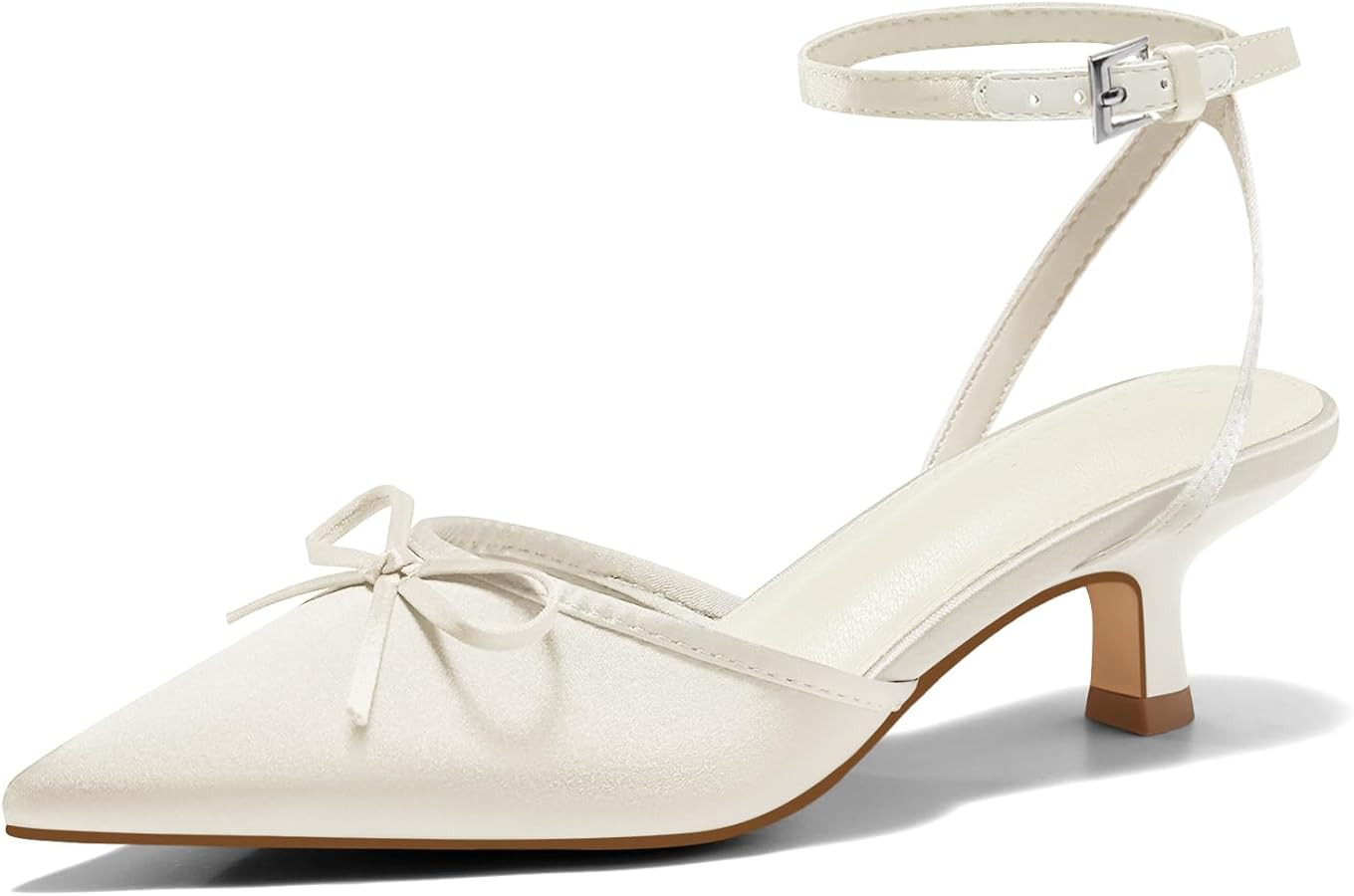 Coutgo Satin Kitten Low Heels with Bow Closed Pointed Toe Short Pumps Dress Wedding Party Shoes | Amazon (US)