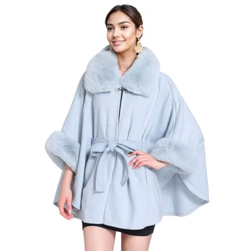 YJKIS Women Faux Fur Shawl Wrap Poncho Fur Collar Cuffs Cape Cloak Pashmina Faux Fur Trim Coat with Belt for Evening Party, Light Blue | Amazon (US)