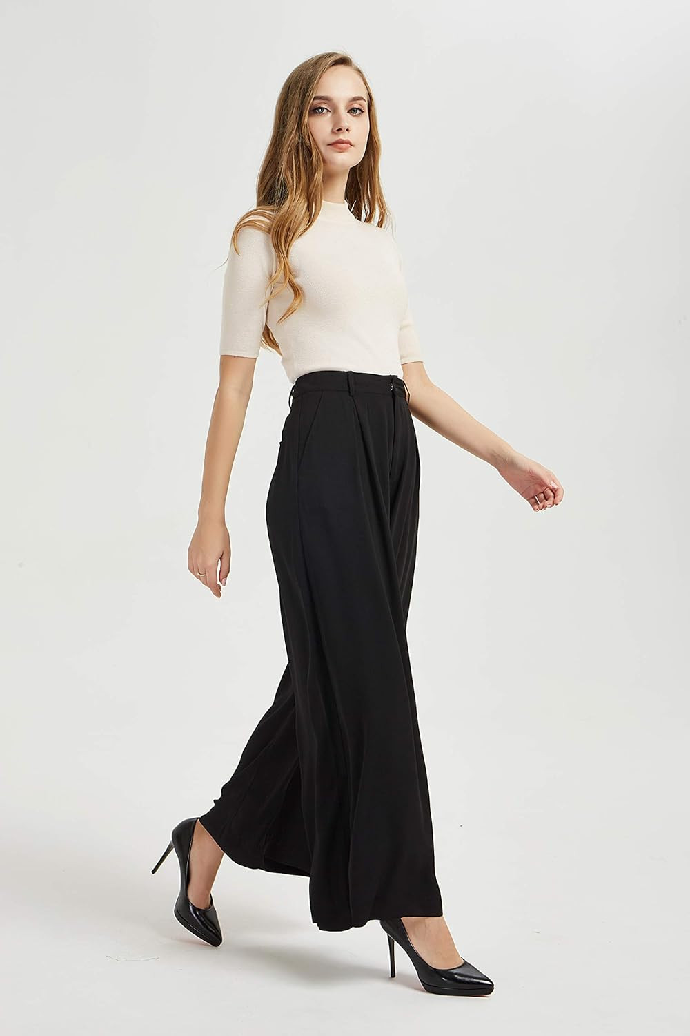 Tronjori Women High Waist Casual Wide Leg Long Palazzo Pants Trousers Regular Size | Amazon (US)