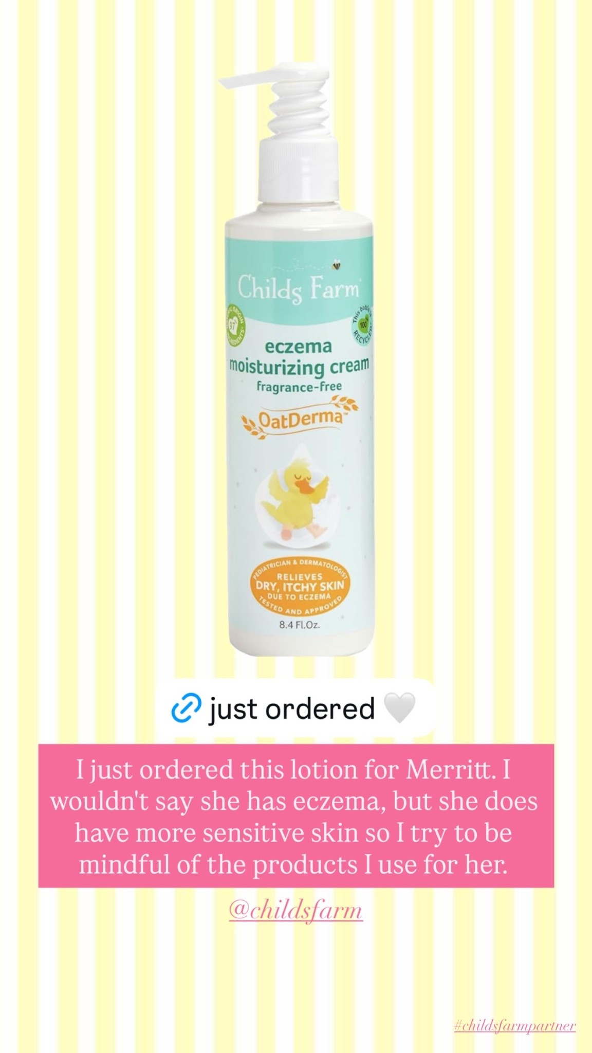I just ordered this lotion for Merritt. I wouldn't say she has eczema, but she does have more sensitive skin so I try to be mindful of the products I use for her.  @childsfarm  #childsfarmpartner