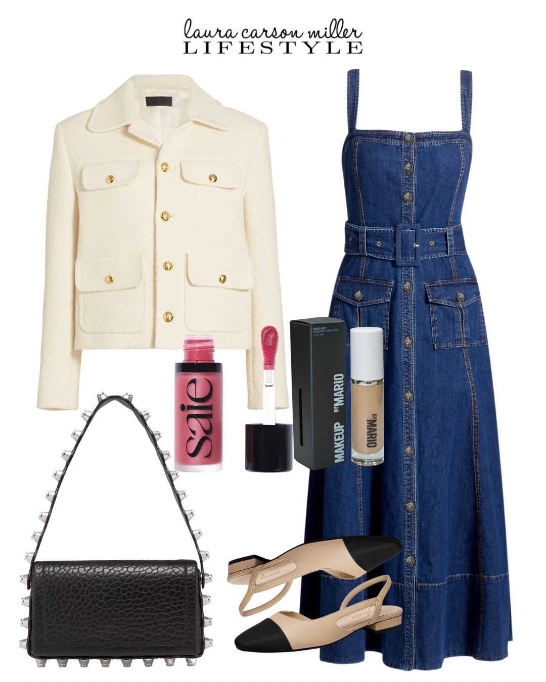 Laura Carson Miller, denim dress, button front jacket, foundation, liquid blush, cap toe slingbacks, studded bag, spring style, spring outfit, outfit ideas, outfit inspiration, natural makeup, vacation outfit, Easter, Easter outfit, it bag, shoe crush, work outfit 

#LTKWorkwear #LTKOver40 #LTKShoeCrush