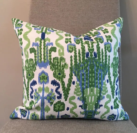 Kelly Green Blue and Ivory Ikat Pillow Covers / Designer | Etsy | Etsy (US)