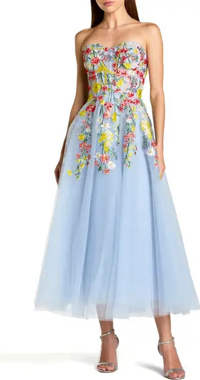 Strapless Floral Embroidered A-Line Midi Dress | Nordstrom