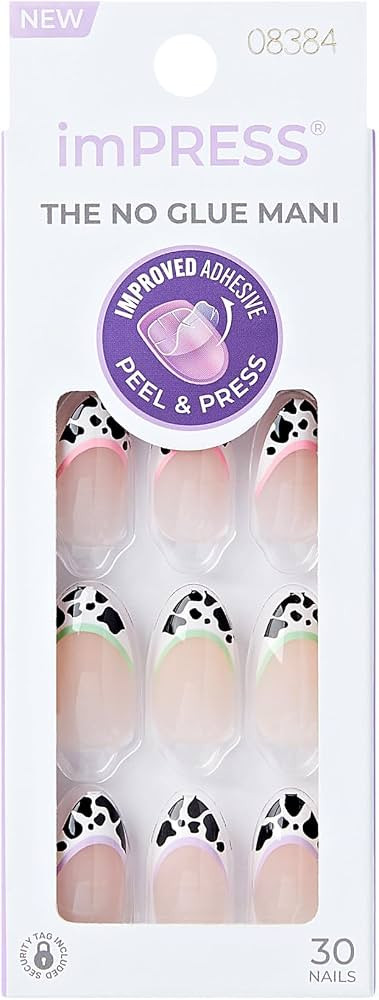 KISS Impress No Glue Mani 30 Pcs Press on Nails, Medium Squoval Design Nail, Black & White Dotted... | Amazon (US)