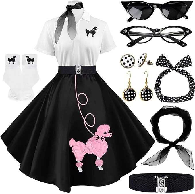 Sock Hop Outfits Women, 1950s Poodle Dresses, Polo Shirt with 50s Accessories Socks Scarf Headban... | Amazon (US)