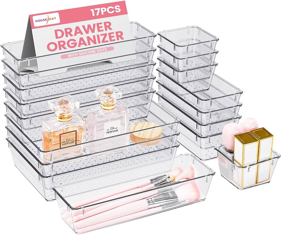 HOUSE DAY Makeup Drawer Organizer Trays 17 PCS, 4-Size Clear Drawer Organizers with Silicone Pads... | Amazon (US)
