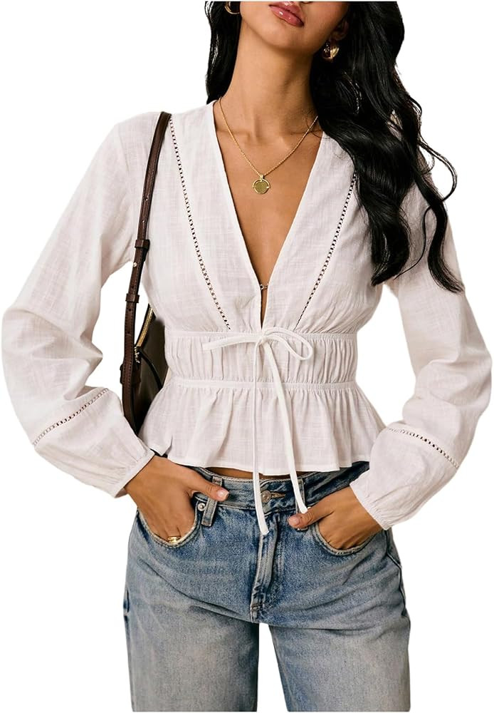 SHENHE Women's Deep V Neck Tie Front Ruffle Peplum Blouse Long Sleeve Going Out Crop Top Shirt | Amazon (US)