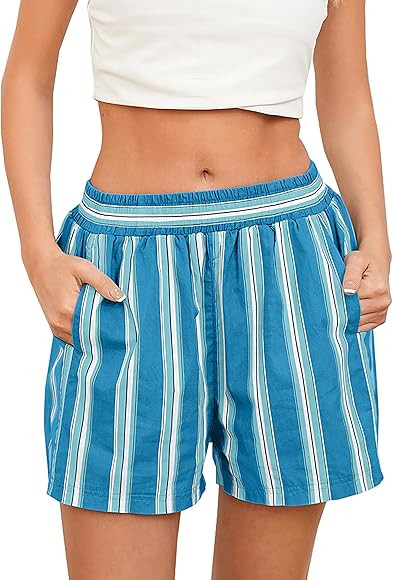 MISSACTIVER Women Striped Boxer Shorts Elastic High Rise Pajama Bottoms Casual Lounge Shorts with... | Amazon (US)