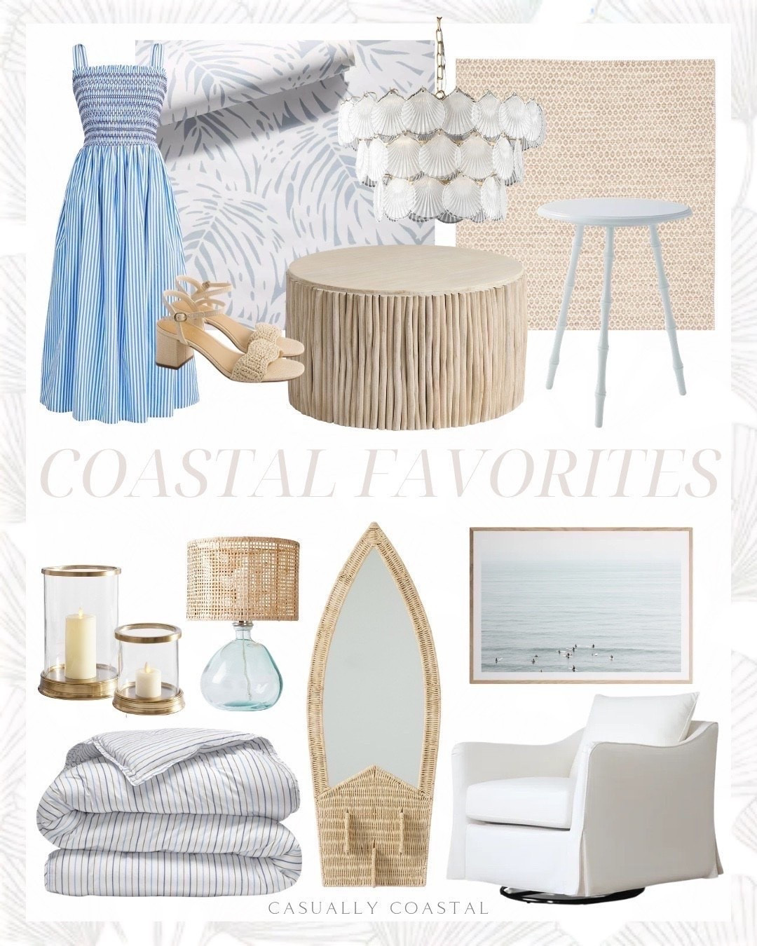 Coastal favorites! 

Coastal home, coastal decor, coastal rug, neutral rug, coastal dress, coastal wall art, coastal artwork, coastal lamp, coastal coffee table, round coffee table, surfboard rattan wall mirror, coastal mirror, Etsy wall art, palm wallpaper, coastal wallpaper, Serena & lily side table, coastal side table, coastal bedding, percale comforter, hurricane candle holder, slipcover swivel armchair, 3 light dimmable tiered chandelier, coastal chandelier, smocked midi dress, blue dress, heeled sandals, pottery barn woven table lamp, wayfair rug, wool geometric indoor rug

#LTKHome