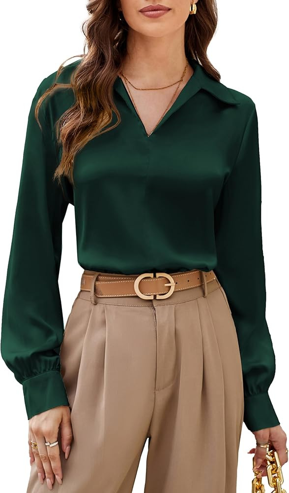 GRACE KARIN Women's Satin Silk Blouse Lapel V Neck Long Sleeve Casual Work Blouse Shirts Pullover... | Amazon (US)