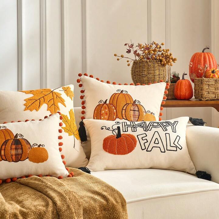 1pc Maple Leaves Embroidered Thanksgiving And Halloween Throw Pillow Case Cover, Decorative Fall Harvest Pumpkins Pillow Cover | SHEIN
