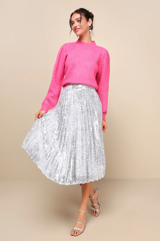 Glamorous Occasion Silver Sequin Pleated Midi Skirt | Lulus