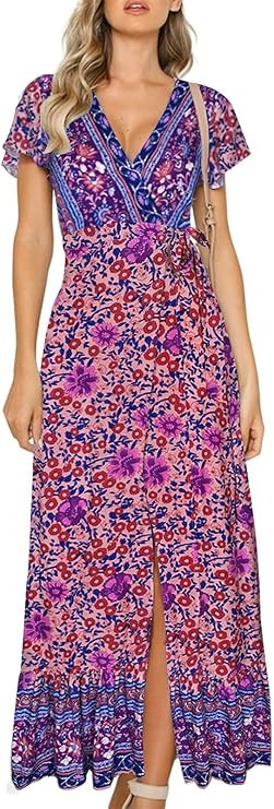 ZESICA Women's 2025 Bohemian Floral Printed Wrap V Neck Short Sleeve Split Beach Party Maxi Dress | Amazon (US)