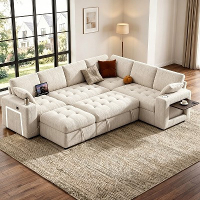 Dyonery 111" U Shaped Modular Sectional Sleeper Sofa with Pull Out Bed,7 Seat Beige Chenille Couch with 2 Pull-Out Beds,USB Ports,Tool Free Assembly | Target