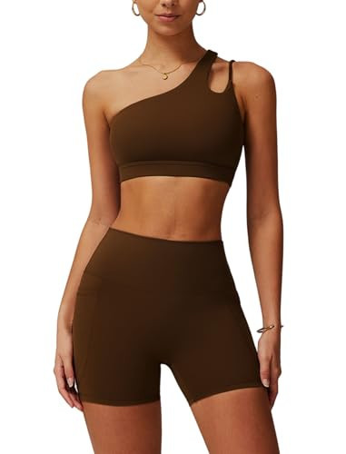 QBGJTD Two Piece Workout Sets for Women Single Shoulder Straps Backless Sports Bras Matching Slim Booty Lifting Biker High Waist Shorts 2 Piece Gym Yoga Athletic Set Work Out Active Outfits Brown XL | Amazon (US)