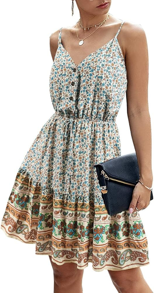 PRETTYGARDEN Women’s Floral V Neck Spaghetti Strap Button Down Sundress Swing Ruffle Summer Min... | Amazon (US)