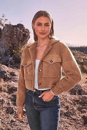 PRETTYGARDEN Womens Fall Clothes Sherpa Shacket Jacket Fuzzy Fleece Lapel Button Down Cropped Coa... | Amazon (US)