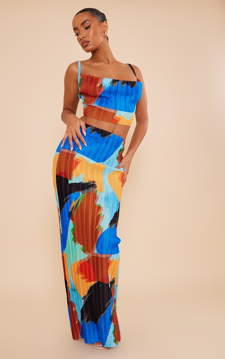 Blue Abstract Print Plisse Maxi Skirt | PrettyLittleThing US