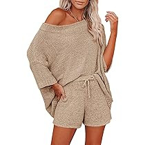Ermonn Womens 2 Piece Outfits Sweater Sets Off Shoulder Knit Tops Waist Short Suits Casual Pajama Se | Amazon (US)