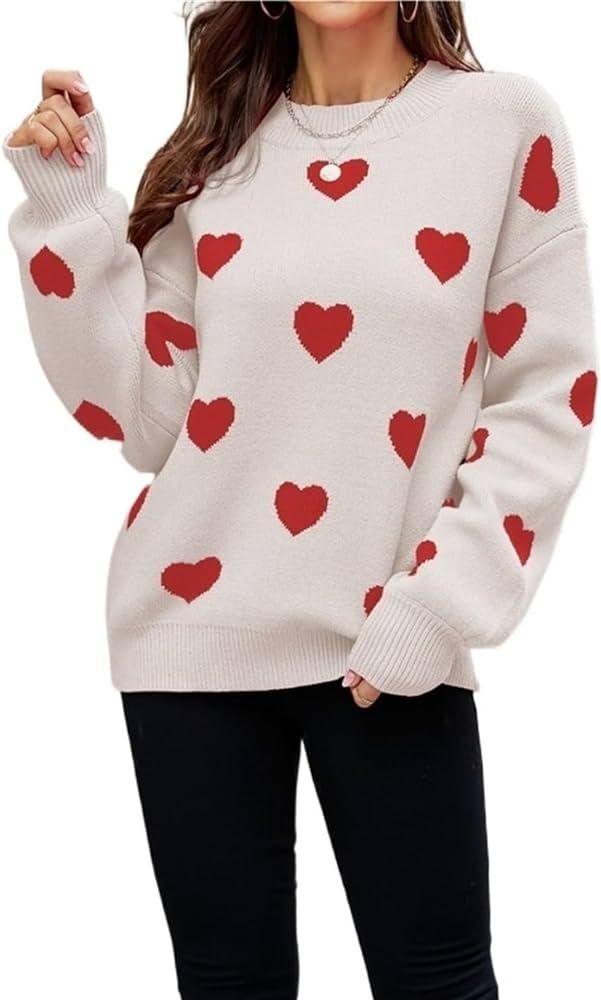 Women's Heart Sweater Chunky Warm Casual Crewneck Kawaii Cute Knit Pullover Jumper Tops Crew Neck... | Amazon (US)
