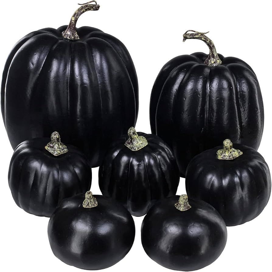 Winlyn 7 Pcs Assorted Artificial Black Pumpkins Halloween Pumpkins Faux Rustic Decorative Foam Pu... | Amazon (US)