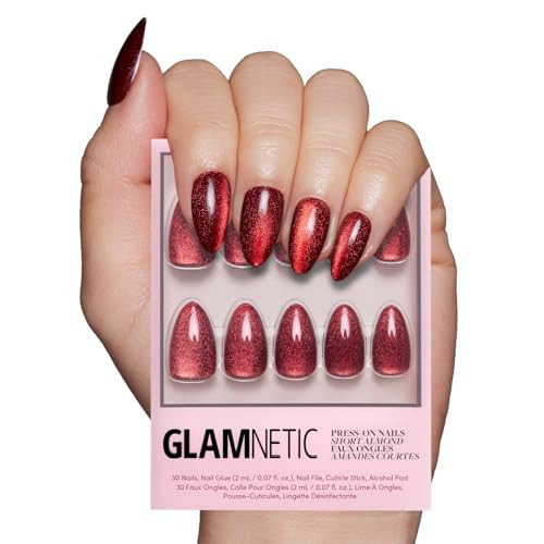 Glamnetic Press On Nails - Ruby Slipper | Deep Red Sparkly Short Almond Fake Nails with a Velvet ... | Amazon (US)