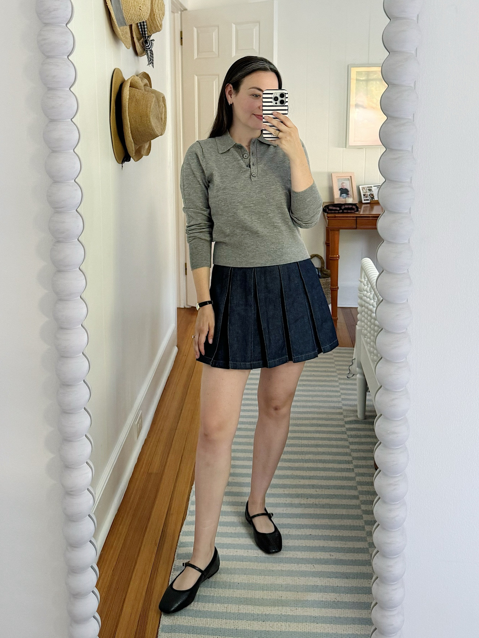 Cashmere polo sweater, pleated denim skort, Mary Jane outfit 