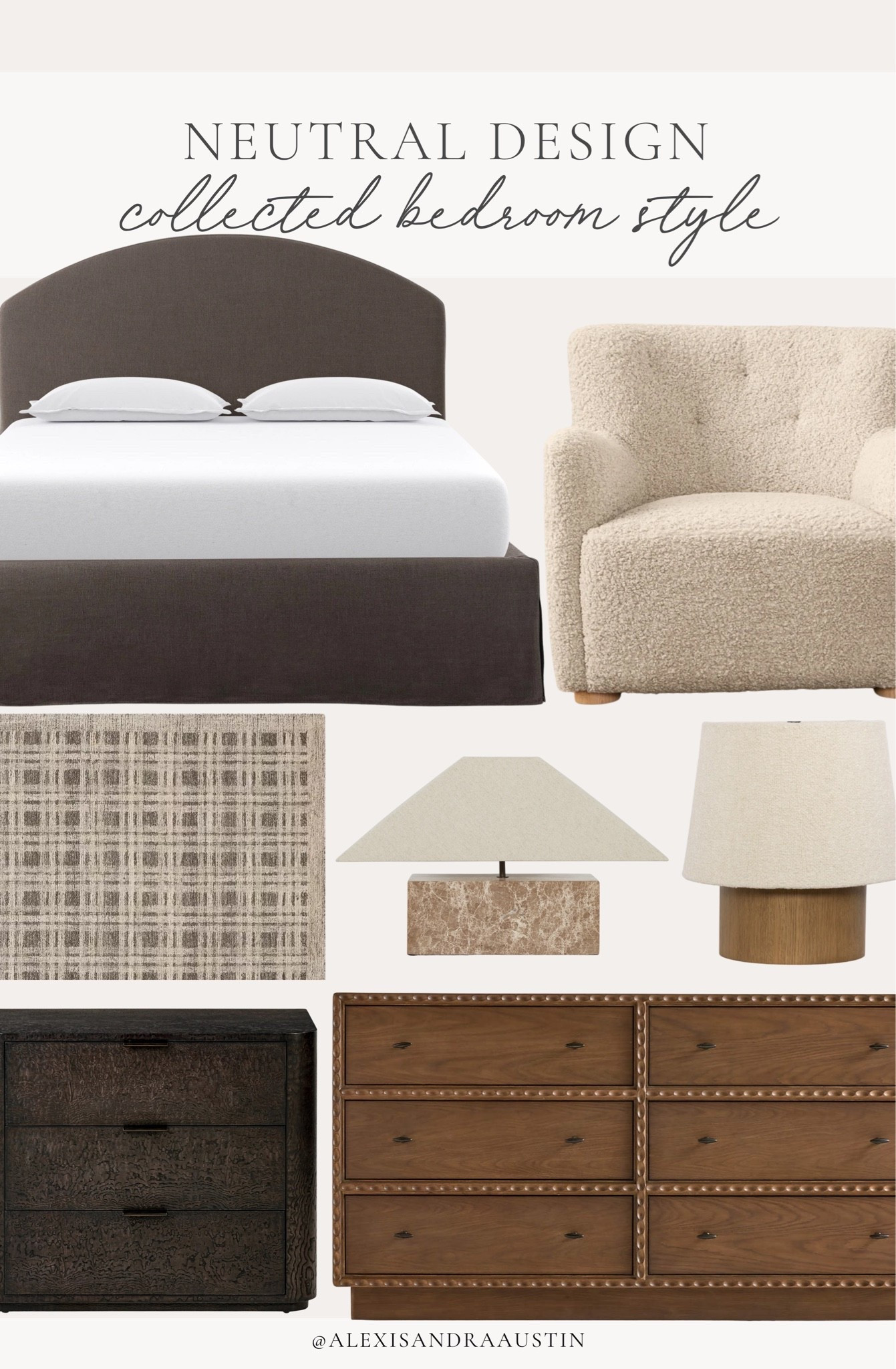 Neutral design for a timeless and collected bedroom style! I love to layer pattern and texture for a styled and elevated look. 

Home finds, neutral home inspo, collected style, furniture favorites, neutral wood tones, cozy accent chair, upholstered bed, statement lamp, table lamp, dresser details, cozy area rug, nightstand favorites, Kathy Kuo, Lulu and Georgia, Crate and Barrel, Lumens, shop the look!

#LTKSeasonal #LTKHome