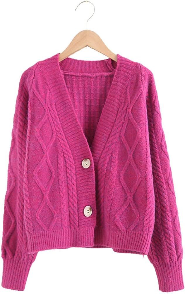 Ladies Short Long Sleeve Knit Cardigan Jacket Women's Chic Twist Knit Sweater Coat Casual Loose O... | Amazon (US)