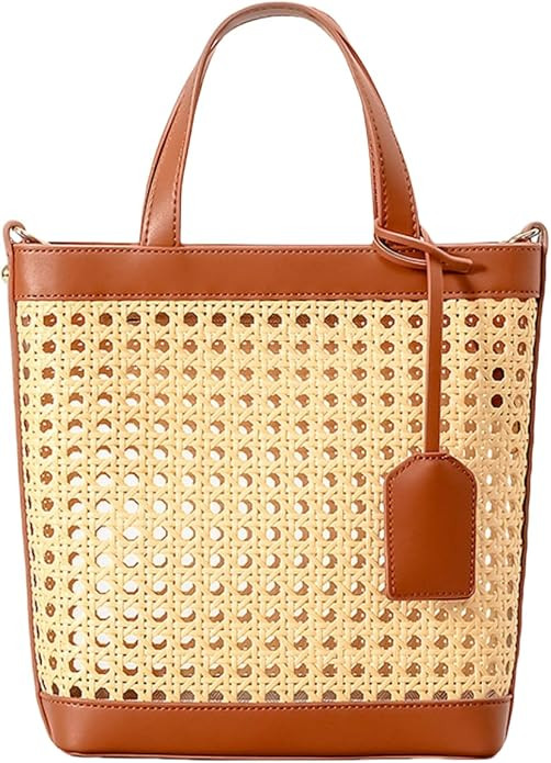 Woven Straw Beach Bag for Women, Summer Bucket Bag Top-handle Tote Handbag Drawstring Rattan Purs... | Amazon (US)