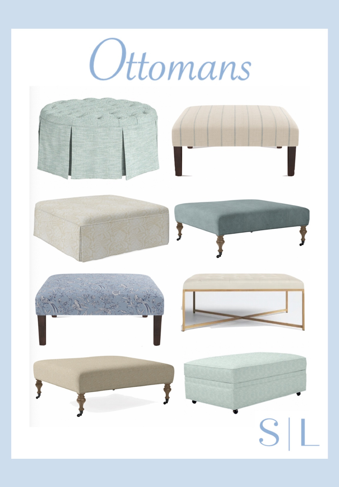 Ottomans in all different styles, sizes, and colors!

The top left and bottom right ottoman are both pictured in the fabric Emrys Horizon Insideout Performance fabric!

The second row ottoman in the right is pictured in the fabric 
Home decor, family room, living room 

#LTKhome #LTKstyletip