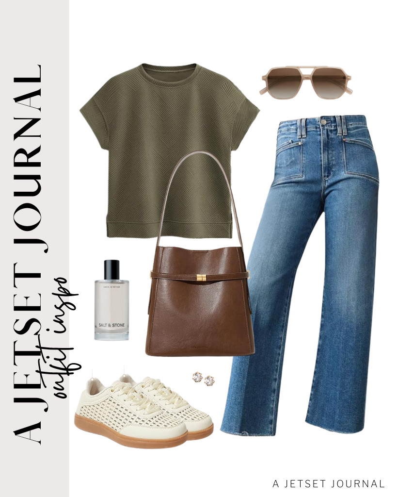For an army green short-sleeve top and an Astylish wide-leg jeans combo, these LUCKY STEP fashion tennis shoes are perfect! You can add a BOSTANTEN bucket bag, too! For your footwear, you can wear these sneakers. Complete this chic look with stud earrings and a few sprays of Salt & Stone Hair & Body Mist. 

#LTKSeasonal #LTKSaleAlert #LTKTravel
 

 