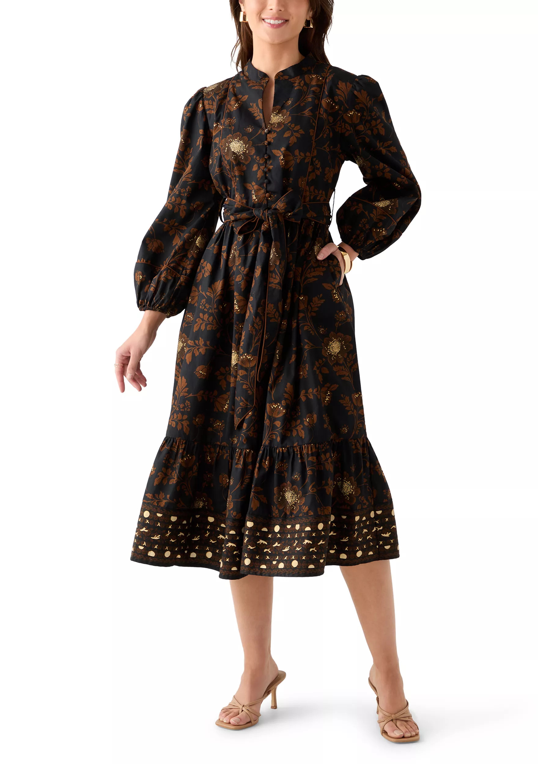 Petite Blouson Sleeve Foil Floral Print Midi Dress | Belk