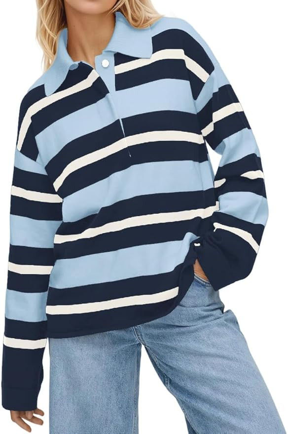 Striped Polo Sweater Long Sleeve Rugby Shirt for Women | Amazon (US)