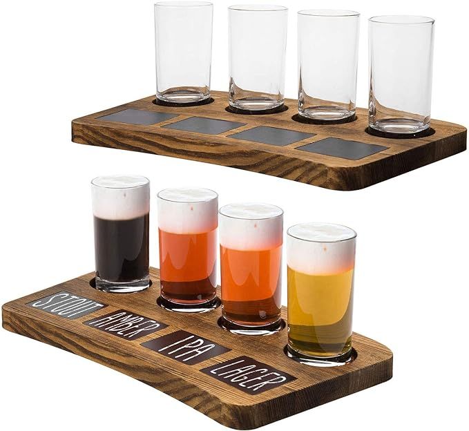 MyGift Beer Flight Board Sampler Set with 4 Tasting Beer Glasses, Brown Wood Serving Tray and Cha... | Amazon (US)