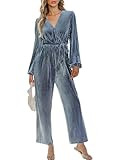 CUPSHE Women's Jumpsuits Ribbed Velvet Belted Long Sleeve Jumpsuit V Neck Outfit Casual Party Dre... | Amazon (US)