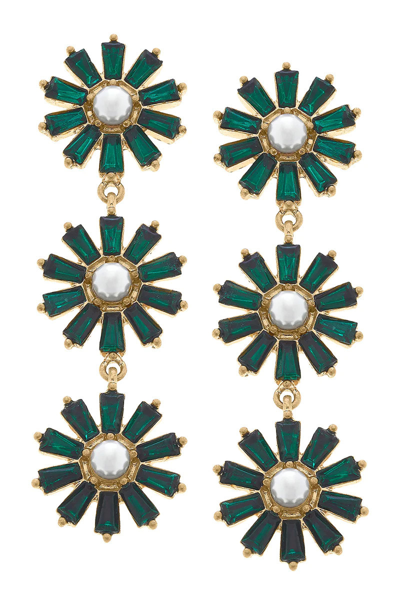Amelia Pearl and Rhinestone Linked Drop Earrings in Emerald | CANVAS