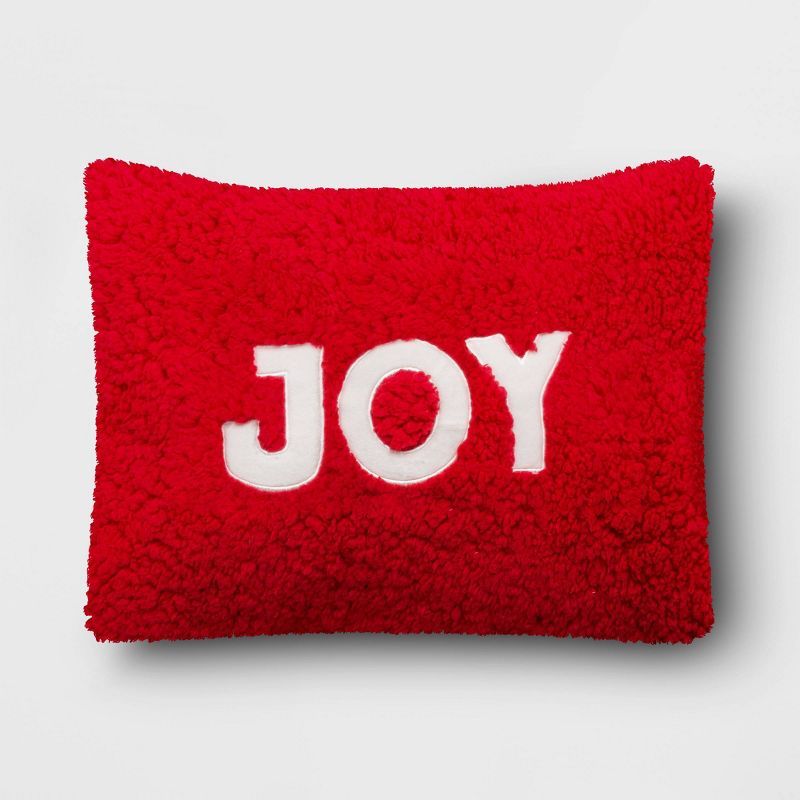 &#39;Joy&#39; Cozy Faux Fur Lumbar Christmas Throw Pillow Red/Ivory - Wondershop&#8482; | Target