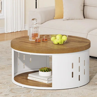 2-Tier Round Coffee Table With Storage Shelf, Rustic Wood Top & White Metal Frame, Light Brown | Wayfair North America
