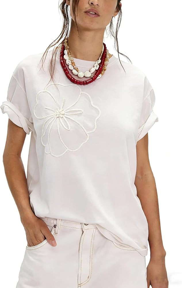 Women's Floral Embroidered Tops Cotton Crew Neck Short Sleeve Shirts Loose Fit Blouses Casual Sum... | Amazon (US)