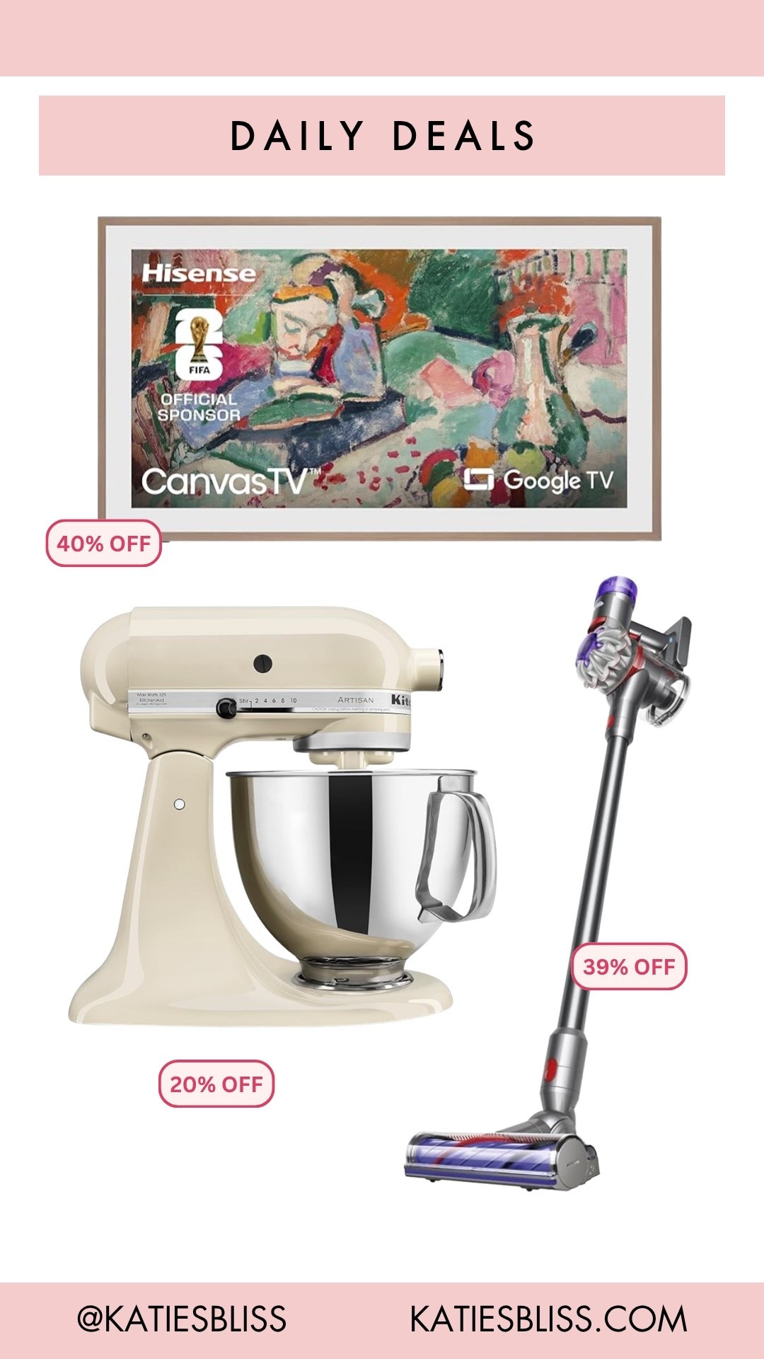 Daily deals ✨

Amazon. Deal. Sale. Markdown. Kitchenaid. Dyson. Vacuum. Home. Tv. Canvas tv. 



#LTKSaleAlert #LTKHome