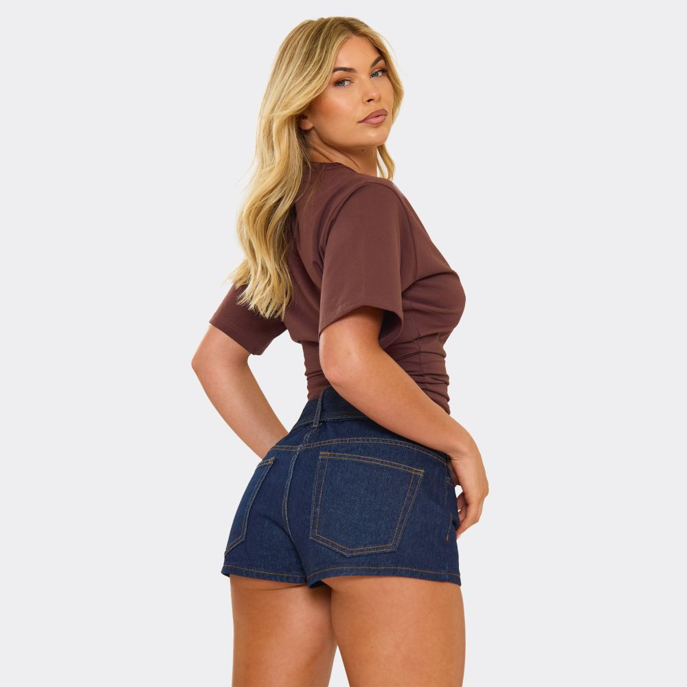 Short Sleeve Cinched Waist Fitted T-Shirt In Brown | EGO (UK)